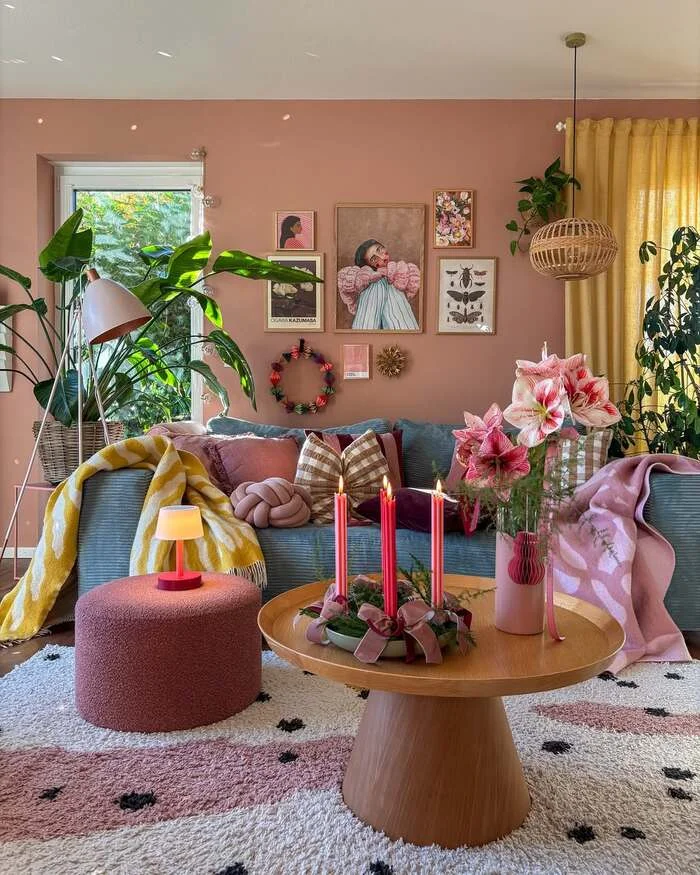 grey and pink living room decor