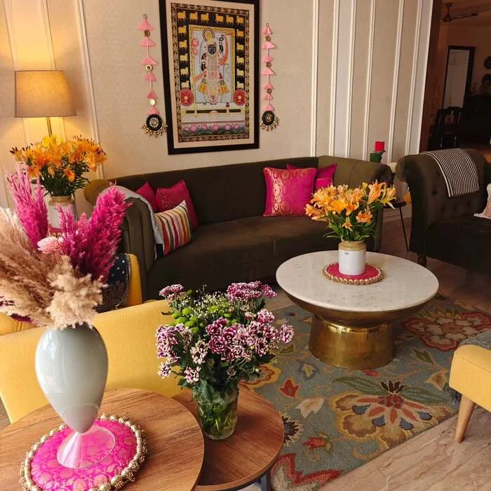 grey and pink living room decor