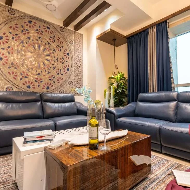 blue and brown living room