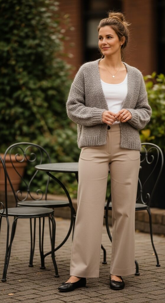 Cozy cardigan with ballet flats and beige trousers