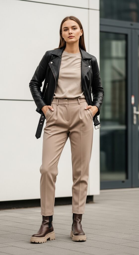 Leather jacket with chunky boots and beige trousers