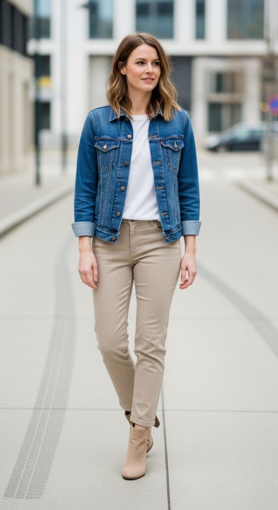 Denim jacket with ankle boots and beige trousers