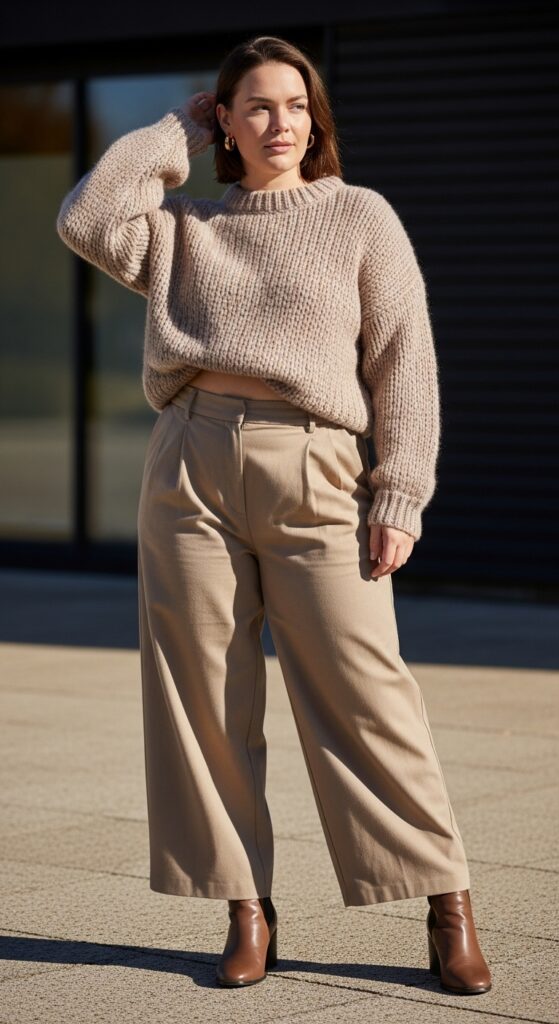 Chunky knit sweater with baggy trousers