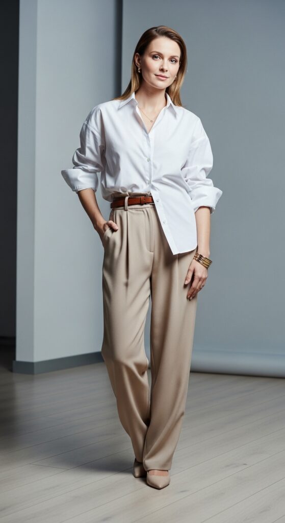 White button-down shirt with baggy trousers