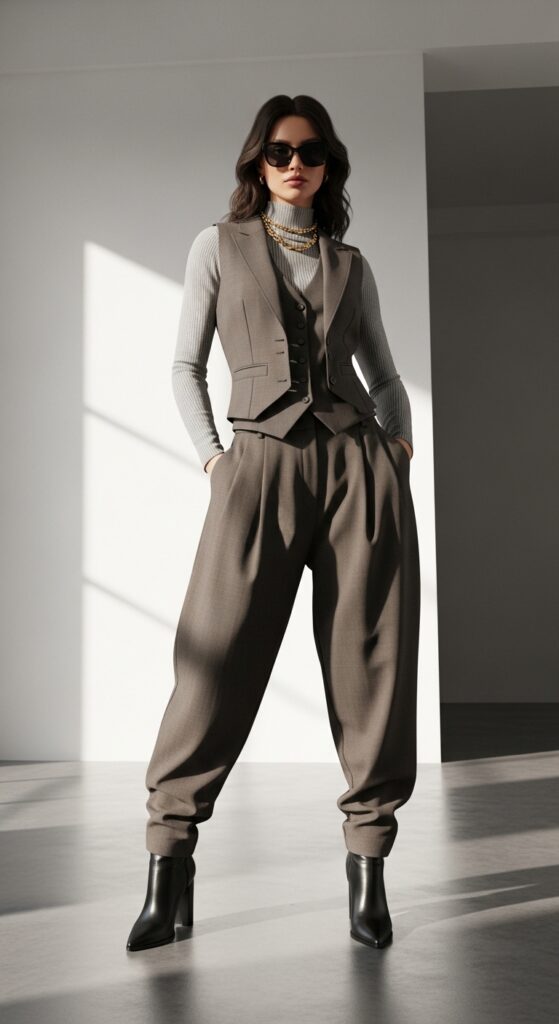 Tailored vest with baggy trousers