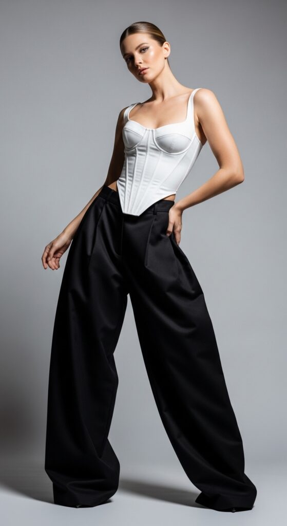 Corset top with baggy trousers