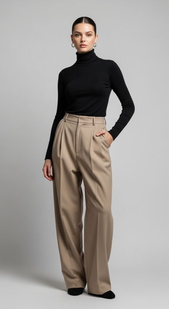 Turtleneck and baggy trousers
