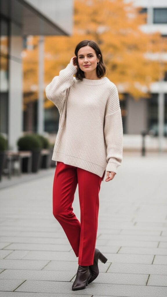 Red trousers with cozy knit sweater