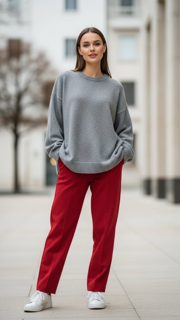 Red trousers with oversized grey sweater