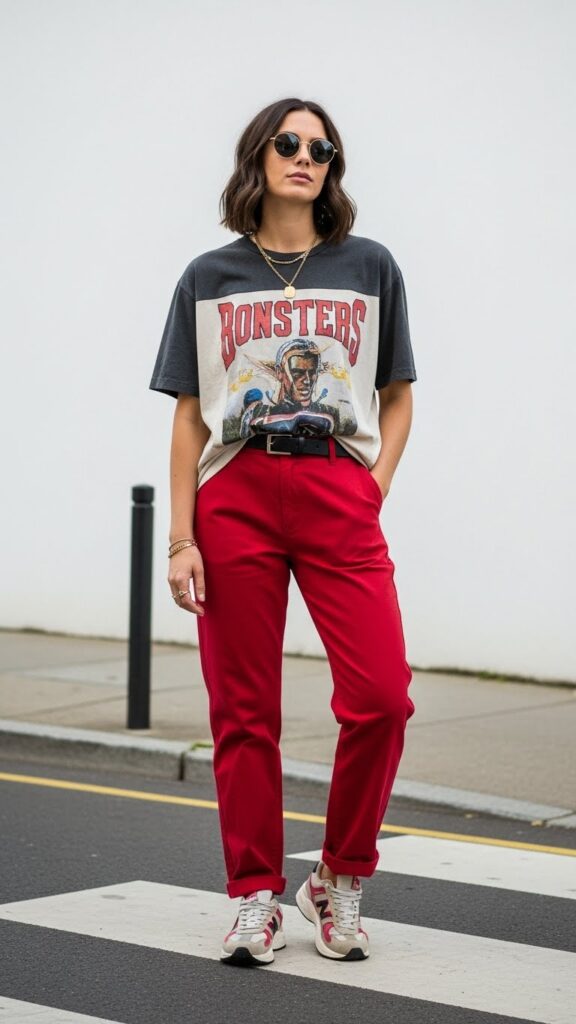 Red trousers with graphic tee