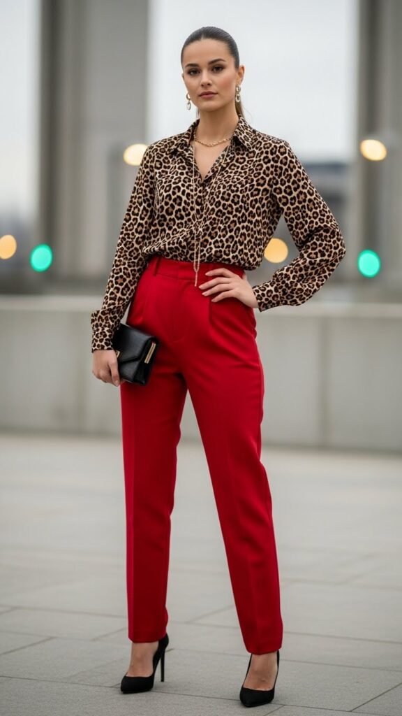Red trousers with leopard print