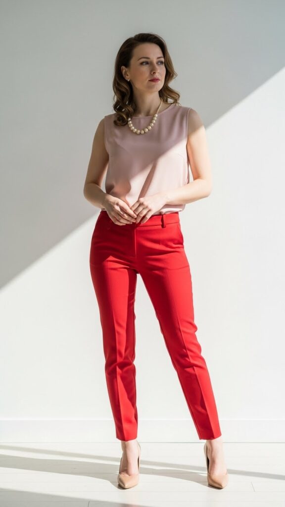 Red trousers with soft pink top