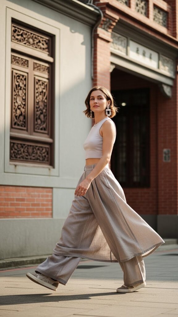 wide-leg pants and crop top