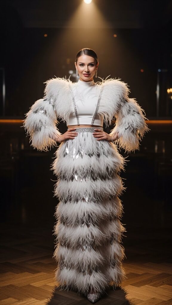 Feather trimmed club outfit