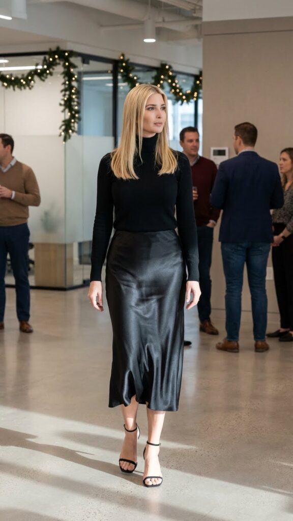 Satin midi skirt styled for party