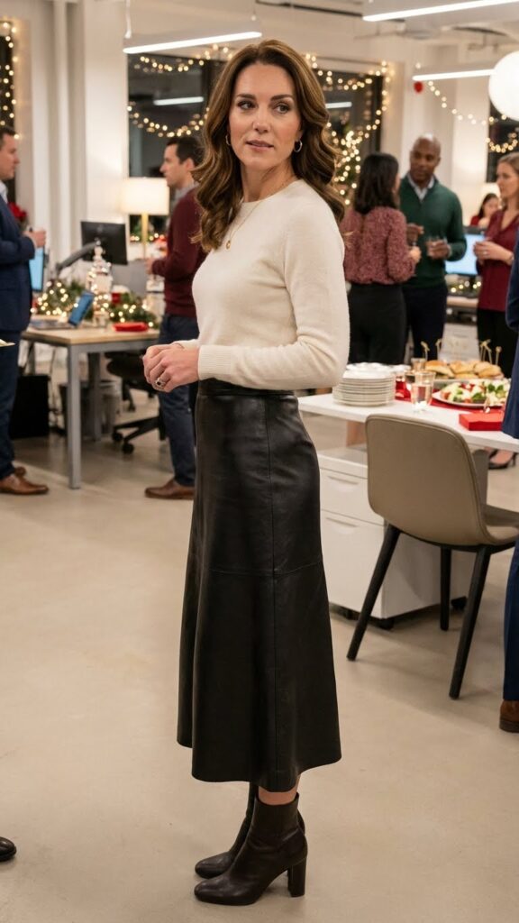 Leather skirt outfit for office party