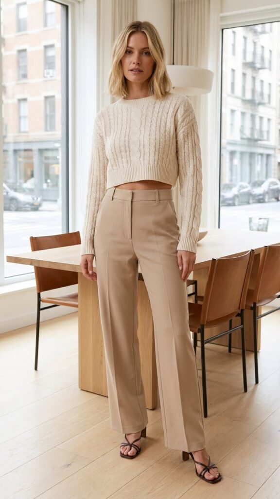 Wide Leg Trousers with Cropped Knit