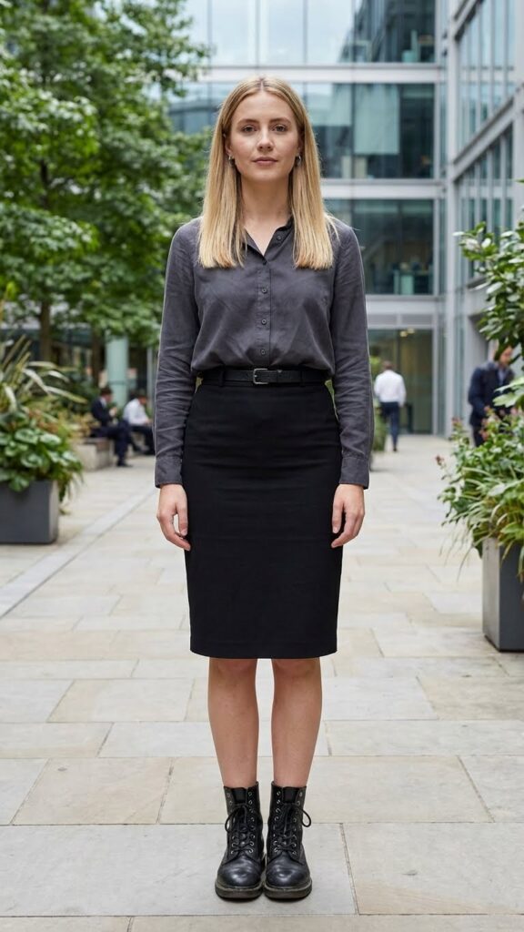 Combat boots paired with pencil skirt