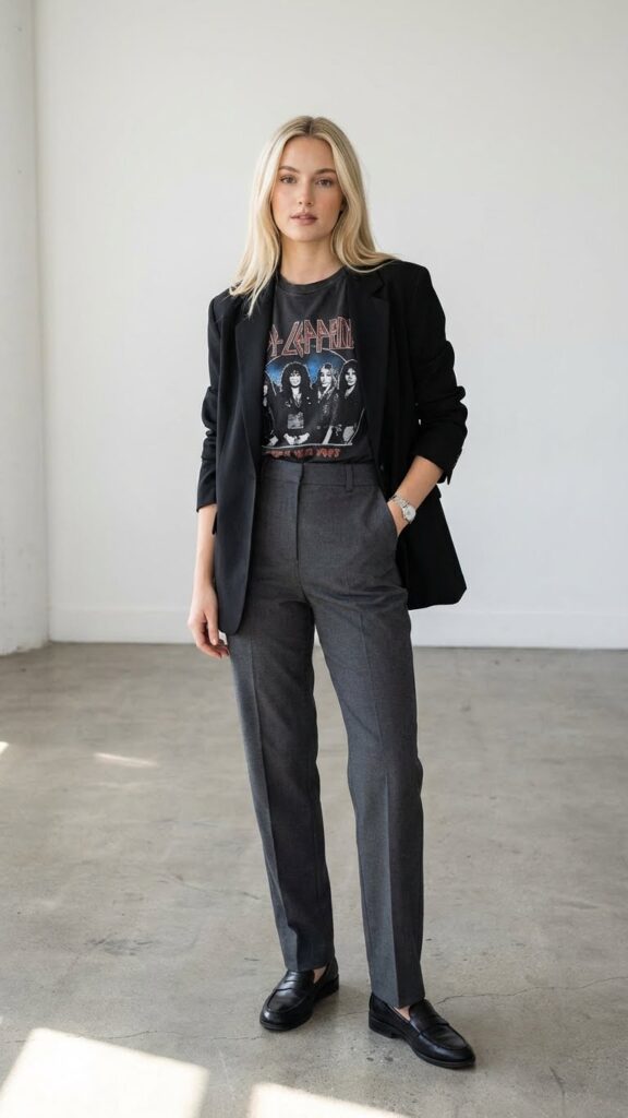 Band tee tucked into high-waisted slacks