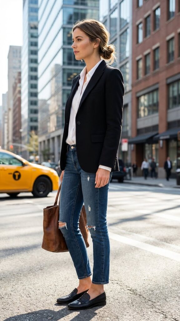 Ripped jeans styled with structured blazer