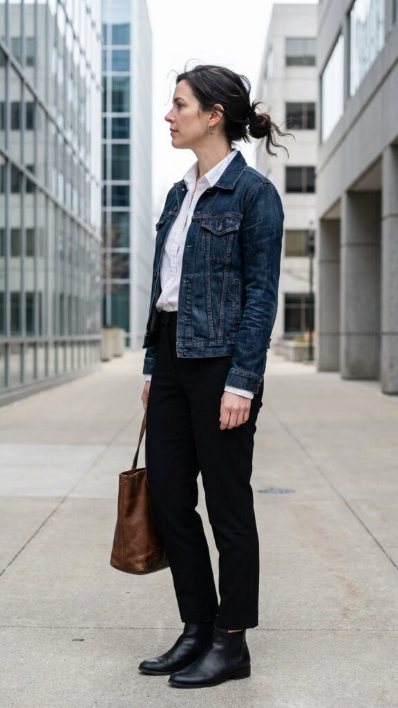 Dark denim jacket layered over a button-down shirt