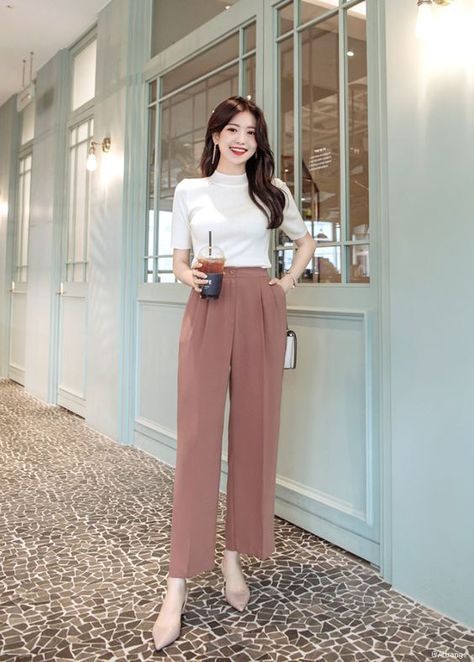 Pastel Blouse With Neutral Slacks