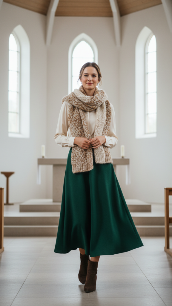 Layered scarf with long sleeve blouse