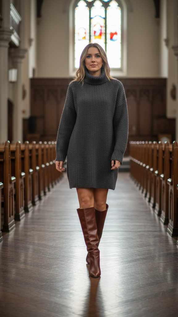 Turtleneck sweater dress with boots