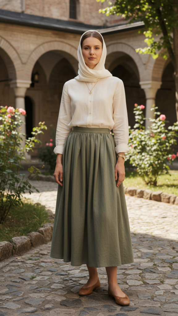 Orthodox church outfit with tailored blouse and long skirt