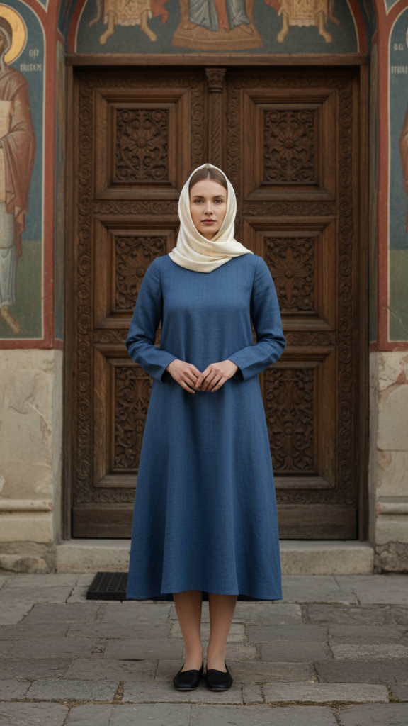 Long-sleeve shift dress and scarf for Orthodox services
