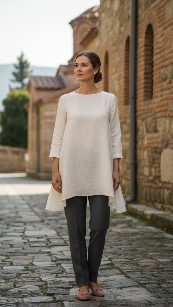 Modest tunic top with dress pants at Orthodox church