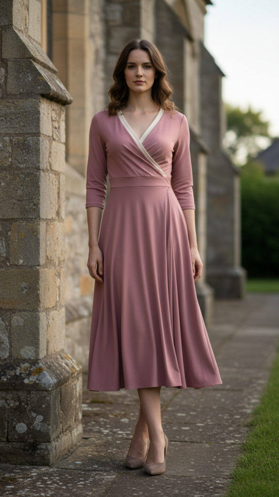 Wrap dress with modest sleeves for Orthodox church