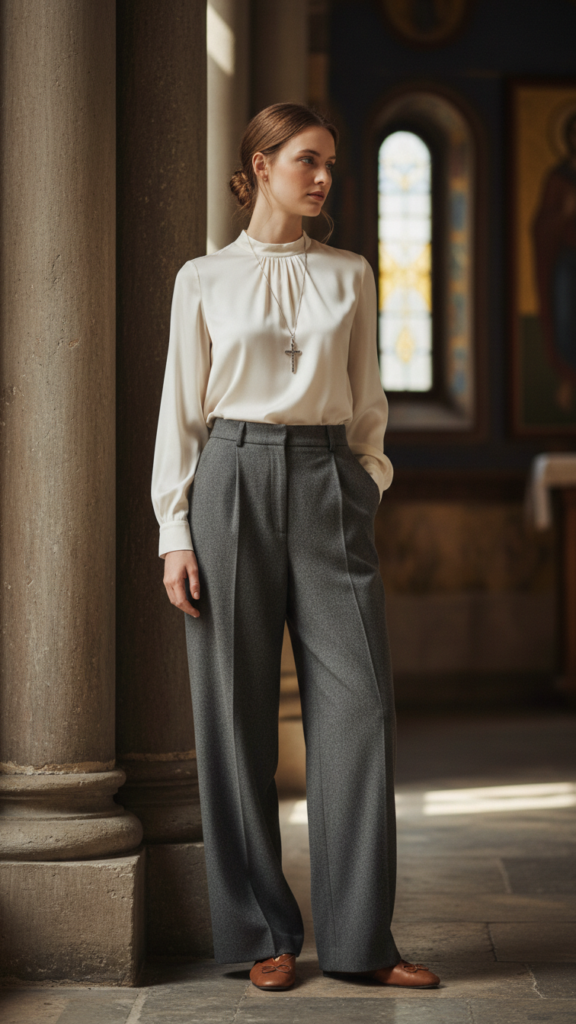 Wide leg trousers with modest blouse for church