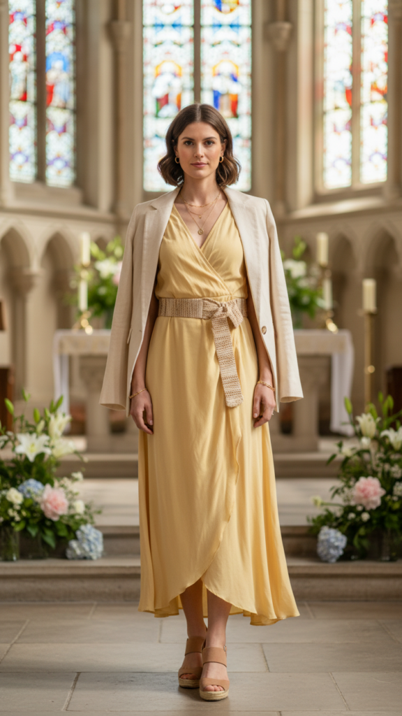 Soft Yellow Wrap Dress Outfit