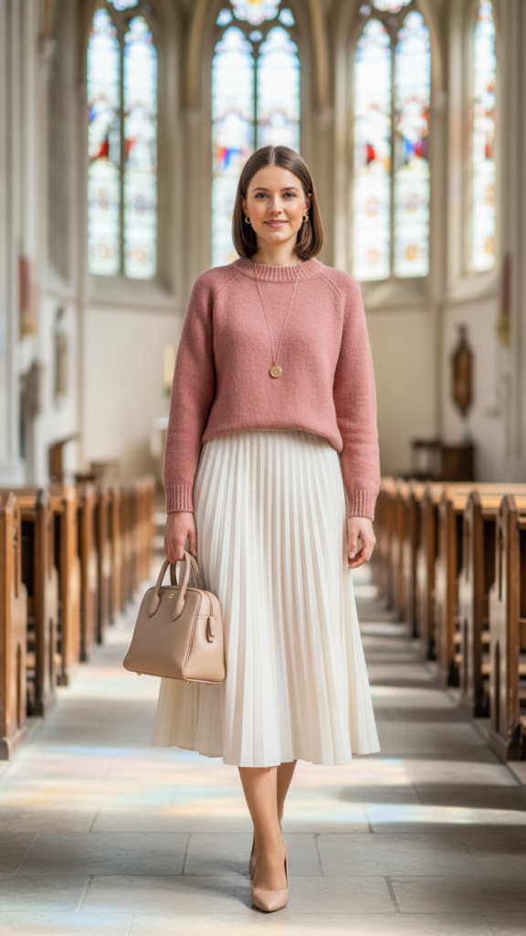 Dusty Rose Sweater with Midi Skirt