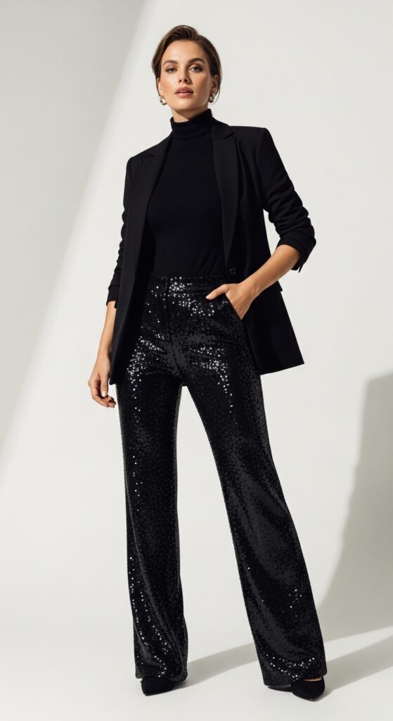 Black sequin trousers with fitted turtleneck and blazer