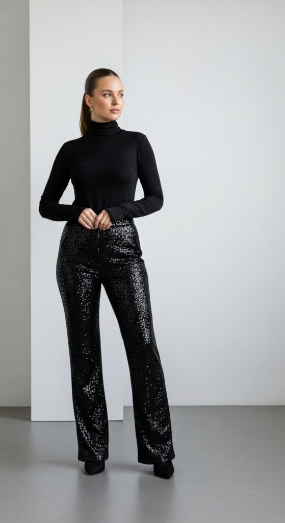 Black sequin trousers with fitted turtleneck and ponytail