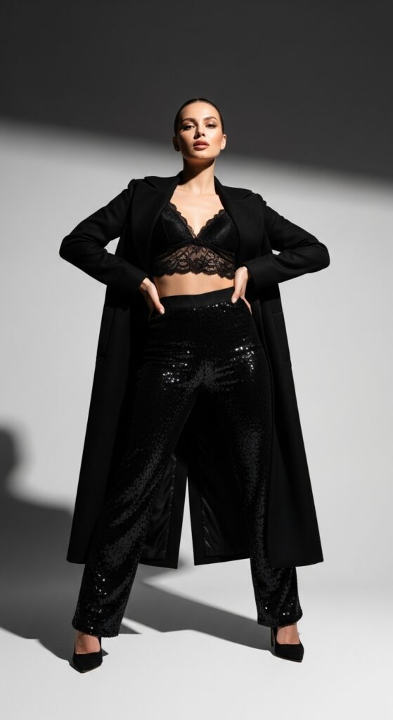 Black sequin trousers with lace bralette and long coat