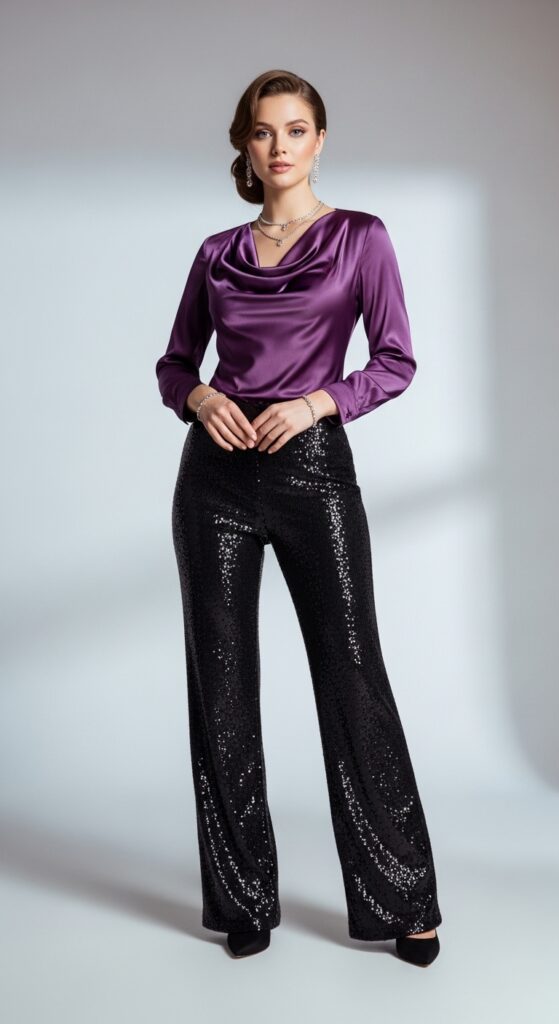 Black sequin trousers with satin blouse and delicate jewelry