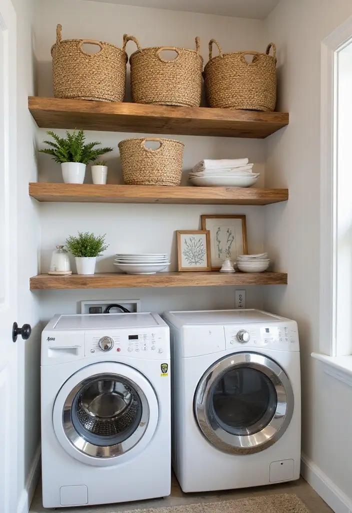 floating wood shelves above washer with baskets and jars