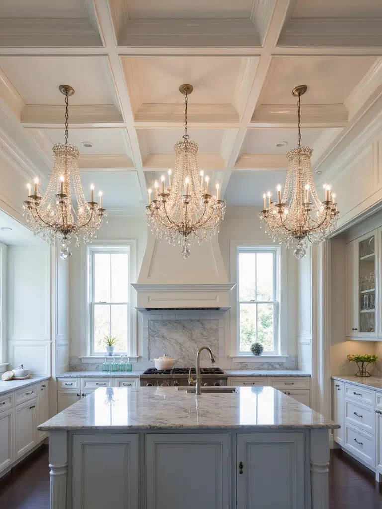 classic coffered ceiling with chandelier