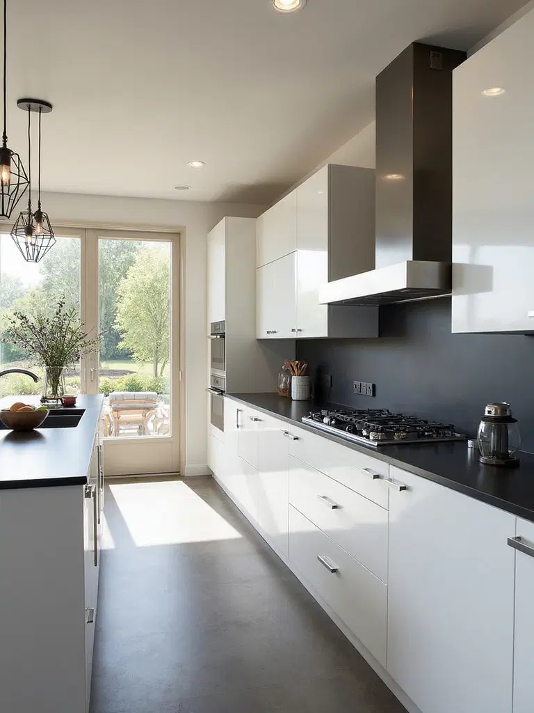 minimalist kitchen with streamlined geometry and sleek surfaces