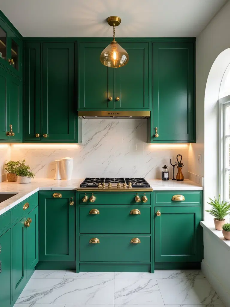 vivid color accent in compact kitchen