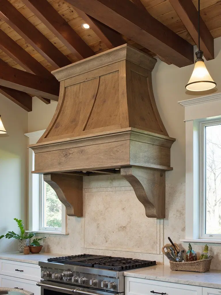 organic wood hood with kitchen beams