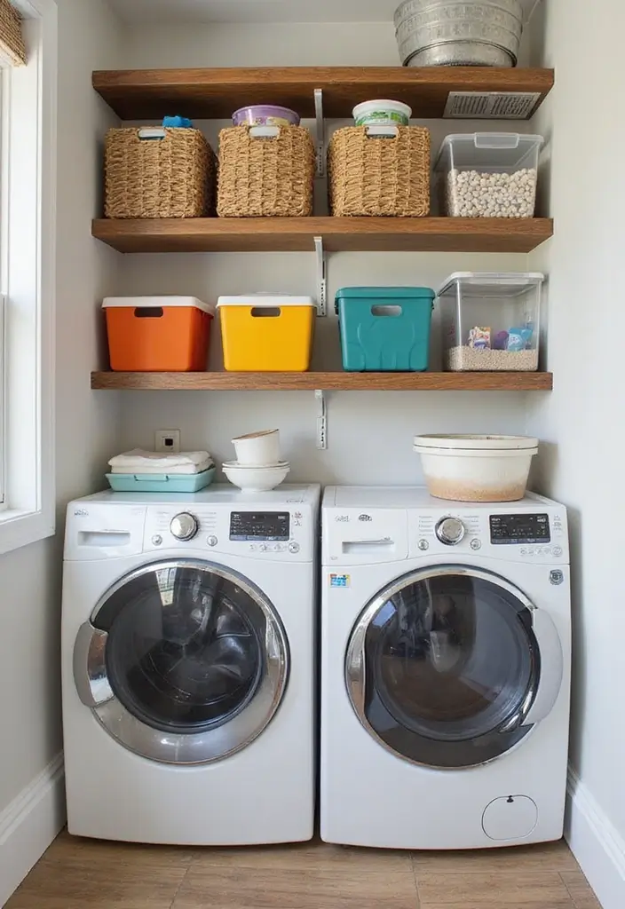 tall white shelves filled with clear bins and folded towels in a small laundry room