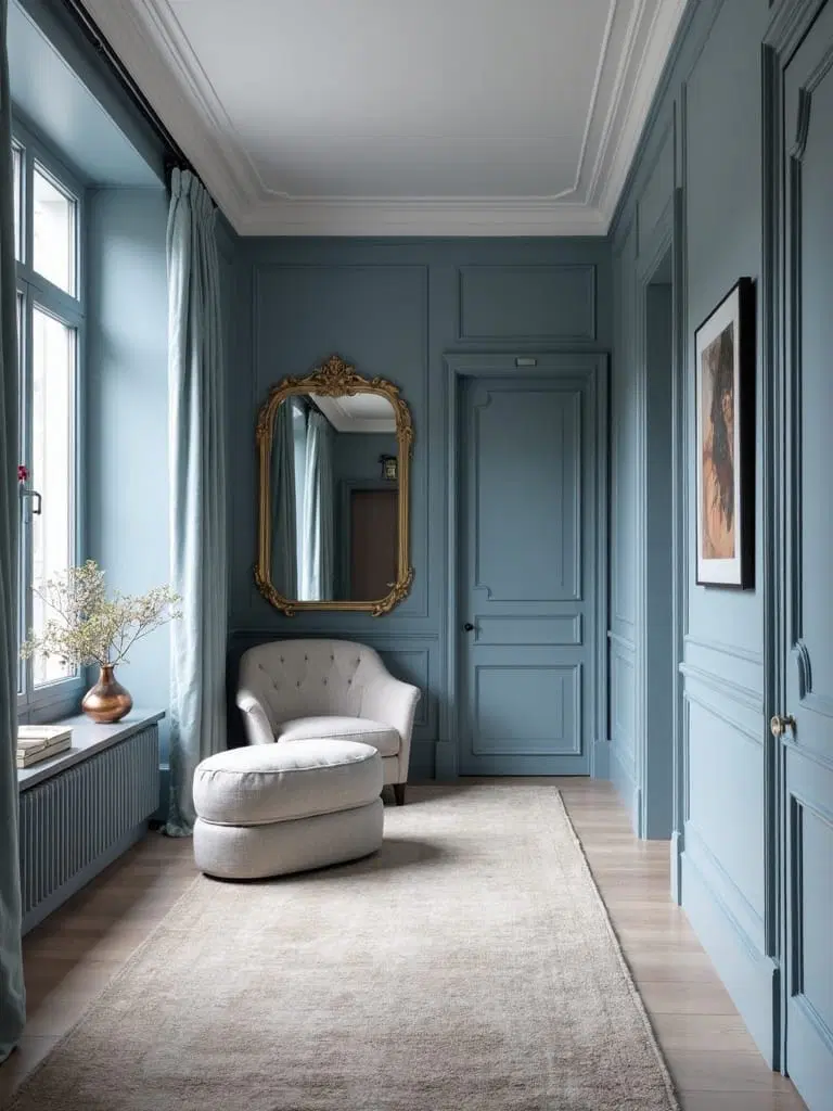 intimate and narrow living room blue hue