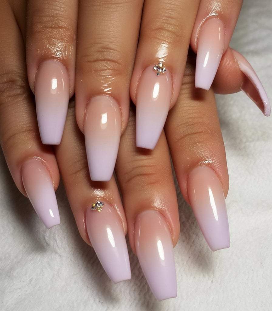 Milky Lavender Ombre Ballerina Nails with Gem