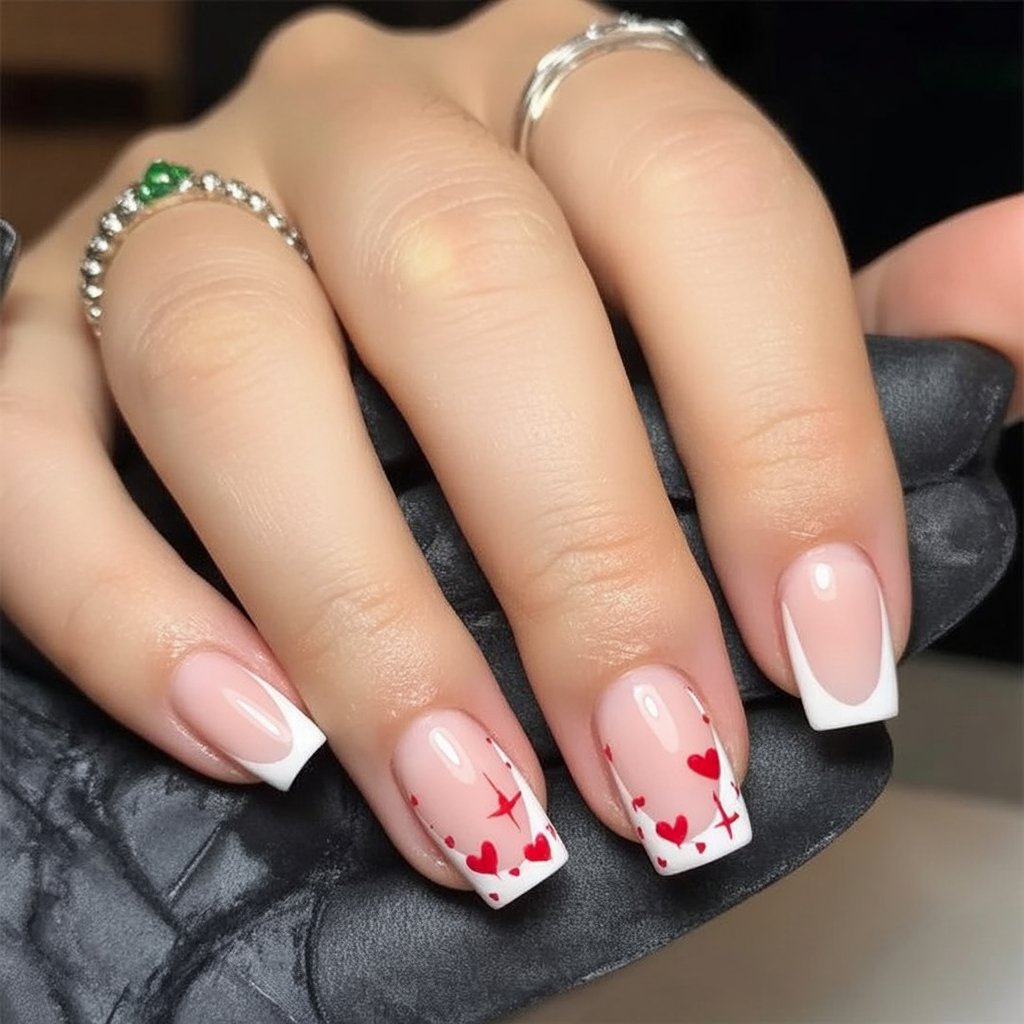 White tipped heart border nails
