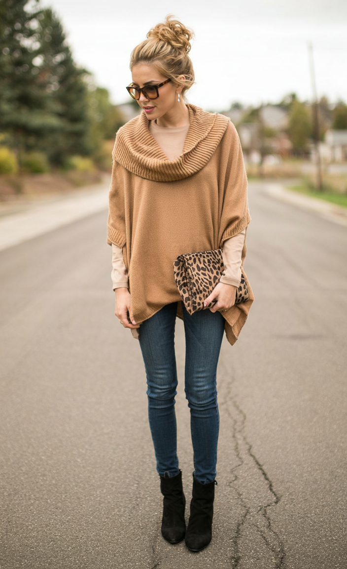 camel cowl poncho with skinny jeans