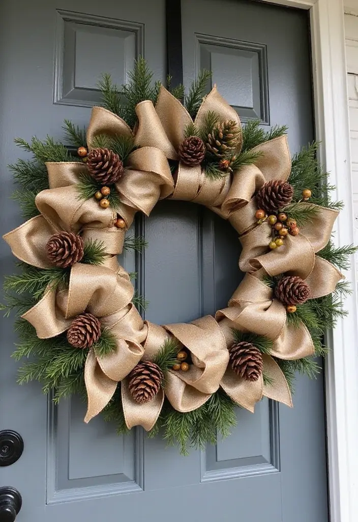 ribbon wreath with pinecones and berries